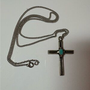 Native American Elegant Silver Cross Necklace with Turquoise Detail